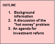 Text Box: OUTLINE??1.?Background information ??2.?A discussion of the "hot money" problem??3. An agenda for ?? investment reform??